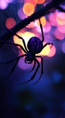 Wall Mural - Mysterious and Dramatic Spider Silhouette Lurking in the Shadows of a Nighttime Environment with a Glowing Blurry Bokeh Background in Shades of Purple and Orange