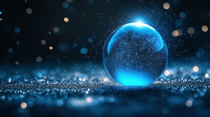 Poster - A glowing blue orb stands out in a dark setting, emitting beams of light that pierce through sparkling particles, creating an otherworldly atmosphere