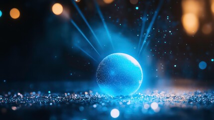 Wall Mural - a glowing blue orb stands out in a dark setting, emitting beams of light that pierce through sparkli