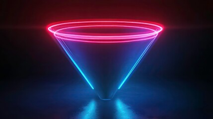 Poster - A glowing funnel representing a digital sales and marketing concept, rendered in neon red, blue, and green light. The 3D futuristic design features an isolated empty bowl shape, symbolizing innovation