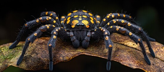 Wall Mural - Closeup Shot of Colorful Venomous Spider with Fangs on Moss Covered Rock in the Forest  Macro Photography of Scary Nocturnal Predator Insect with Detailed Exoskeleton Legs and Thorax