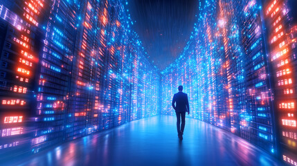 Poster - Walking through a futuristic data tunnel in a modern setting