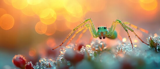 Wall Mural - Close up view of a delicate colorful spider web covered in glistening dew drops backlit by the warm morning sunlight creating a vibrant and mesmerizing natural scene