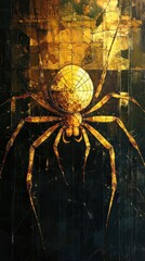 Wall Mural - The sinister golden spider lurks within its intricate web casting an ominous luminous glow over the moody dramatic scene  This harrowing