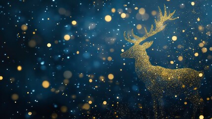 Wall Mural - a gold deer silhouette on the right side of the picture, with golden glitter and particles in blue b