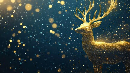 Wall Mural - a gold deer silhouette on the right side of the picture, with golden glitter and particles in blue b