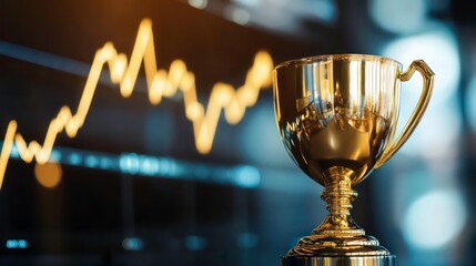 Poster - Gold trophy against a stock market graph background symbolizing success and achievement.