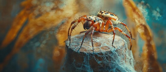 Wall Mural - Mysterious and Dangerous Close Up Shot of an Orange Spider Crawling on a Textured Surface