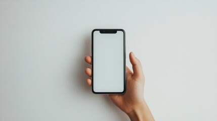 Poster - A hand holds a modern smartphone with a blank white screen against a simple white background. The image is clean and minimal, perfect for app showcases or mobile device advertisements.