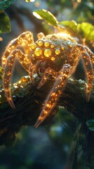 Wall Mural - Close up shot of an intricately patterned furry spider nestled among the lush leaves and twigs of a forest environment with soft natural lighting creating a glowing ethereal effect