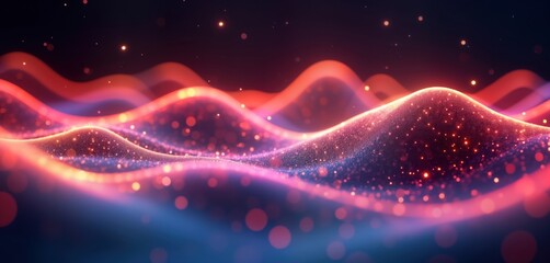 Poster - Abstract wavy patterns form futuristic landscape. Blurry glowing waves, neon lines create digital fantastic wallpaper. Colorful energy streams flow creating dynamic, vibrant background. Combination