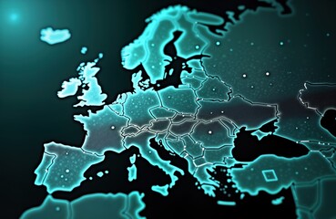 Poster - Digital map of Western Europe network connectivity. AI-powered global network emphasizes big data transfer. Cyber technology, information exchange. Futuristic illustration of European continent.