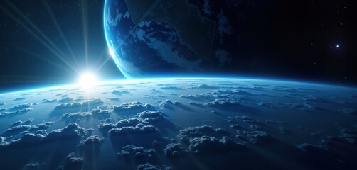 Wall Mural - vast expanse of space showing earth. sunrise sunset glow above clouds. view of blue planet earth, cl