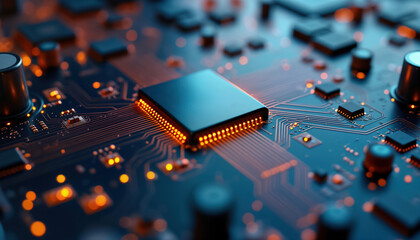Poster - modern circuit board with central processor. advanced tech components illuminate. intricate copper t