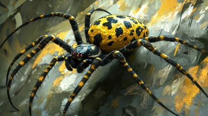 Closeup of a fearsome and venomous spider with striking yellow and black markings crawling in its natural habitat  The eight legged arthropod predator has a segmented body fangs