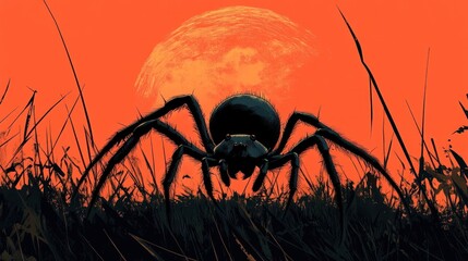Wall Mural - Menacing spider silhouette looming in a dramatic landscape with a fiery orange sunset sky in the background  The arachnid predator appears ominous and foreboding