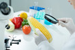 © Shisu_ka - Scientist check chemical food residues in laboratory. Control experts inspect quality of fruits, vegetables. lab, hazards, ROHs, find prohibited substances, contaminate, Microscope, Microbiologist