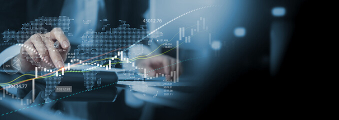 Poster - Stock market, Finance analysis, Businessman analyzing trading graph and marketing financial report with economic growth graph chart, Finance business and investment, Strategy, planning
