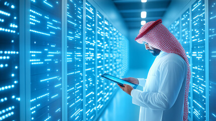 Poster - Technician working in a data center with digital screens