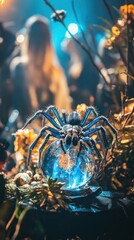 Wall Mural - Captivating close up shot of a spider like arachnid creature in a moody ethereal night landscape with a surreal fantasy like atmosphere
