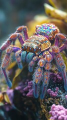 Wall Mural - Vibrant Tropical Tarantula Spider with Colorful Hairy Legs and Detailed Textured Body  Closeup macro shot of a dangerous venomous and creepy crawly arachnid predator in its natural habitat
