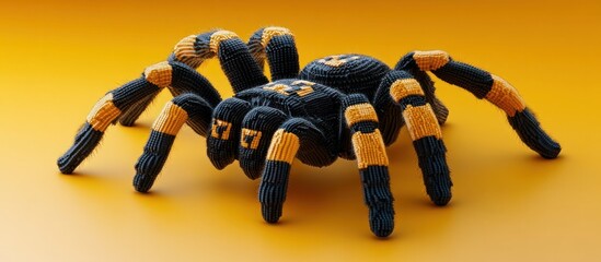 Wall Mural - A close up shot of a large black and orange hairy spider like arachnid crawling on a bright yellow studio backdrop  The creepy crawler has a menacing appearance with its multiple legs and fangs