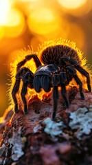 Wall Mural - Closeup low angle shot of a large hairy tarantula spider perching on textured tree bark with a mesmerizing blurred orange and yellow bokeh background  The arachnid s hairy legs fangs