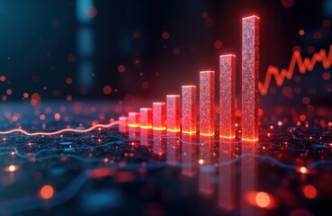 Poster - Digital graph chart shows positive investment growth trend in stock market. Red glowing bars illustrate increasing data points. Modern tech. Abstract graphic. Financial data visualization. Futuristic