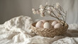 © Sarah - Pastel eggs in a woven nest with delicate spring blossoms. A serene Easter or spring scene.