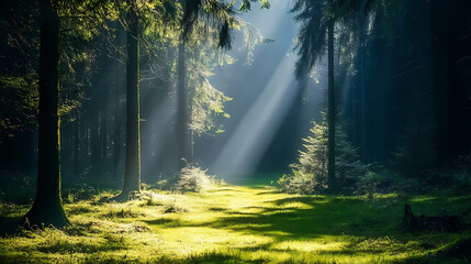 Wall Mural - A serene forest glade illuminated by ethereal light, forest, evergreen trees. Serene Glade. Illustration