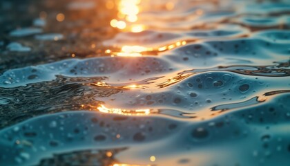 Leinwandbilder - Close-up view of rippling water surface. Golden sunlight reflects on transparent water. Abstract pattern created by water ripples, reflections. Natural beauty of flowing water. Water surface calm,