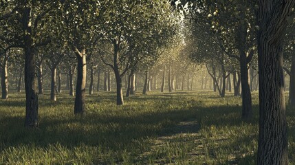 Sunlit forest path, morning mist, tranquil nature scene