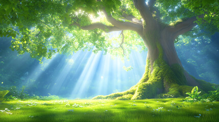 Wall Mural - majestic tree surrounded by sunlight in a lush forest