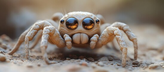 Wall Mural - Macro close up shot of a highly detailed and textured arachnid spider with striking compound eyes hairy legs and a vigilant focused expression  The spider appears to be a predator