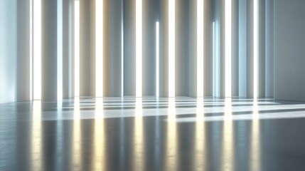 Canvas Print - abstract modern architecture interior with bright light columns and reflective floor.