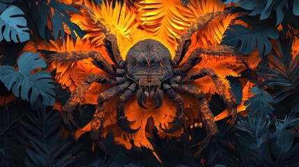 Wall Mural - A large hairy spider with menacing fangs and a fierce aggressive stance lurks within the lush tropical foliage creating an ominous and unsettling presence  This creepy