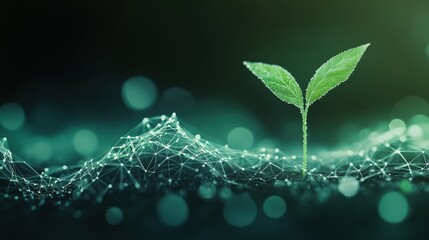 Poster - Green Plant Sprout Emerging from Abstract Digital Background Symbolizing Growth, Innovation, and Environmental Sustainability in Modern Technology World