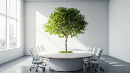 Poster - Modern Conference Room with Minimalist Design Featuring a Green Tree as a Central Element to Promote Creativity and Sustainability in a Professional Environment