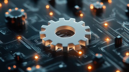 Poster - Abstract Representation of Technology with a Metallic Gear Icon on a Circuit Board with Glowing Lights Creating a Futuristic Digital Environment