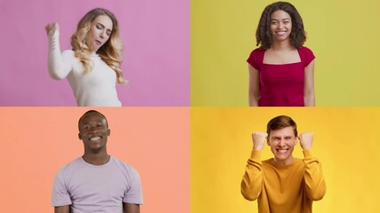 Poster - Four individuals display a range of positive emotions against vibrant backgrounds. Their gestures and expressions reflect joy and enthusiasm in a lively and colorful atmosphere.