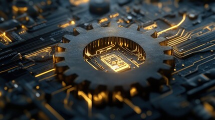 Poster - Intricate Golden Gear Overlaid on High-Tech Circuit Board with Glowing Components Showcasing Modern Technology and Innovation in a Digital Universe