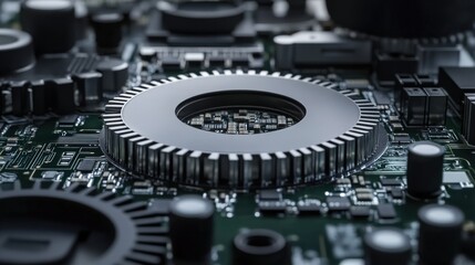 Poster - Close-Up View of a High-Tech Circuit Board Featuring Detailed Components and Geometric Shapes for Modern Technology and Electronics Backgrounds