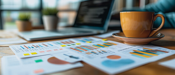 Poster - Coffee Break Analysis: A close-up shot of a warm, inviting cup of coffee placed atop a desk scattered with colorful financial charts and graphs.
