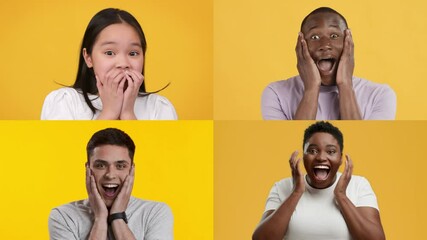 Poster - Four individuals showcase different emotions including surprise, confusion, excitement, and shock. The vibrant yellow backdrop enhances the diverse gestures and expressions displayed by each person.