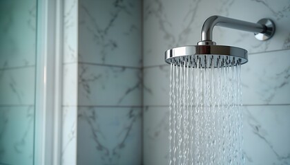 Modern chrome shower head with water flowing in bathroom. Cleanliness, freshness evident. Contemporary design features highlighted. Interior design of modern bathroom displayed. High quality plumbing