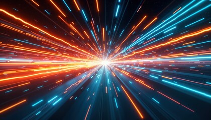 Poster - Abstract image shows bright orange, cyan light streaks in dark background. Streaks radiate outward creating sense of fast motion. Digital art evokes feeling of warp speed in space. Image suitable for