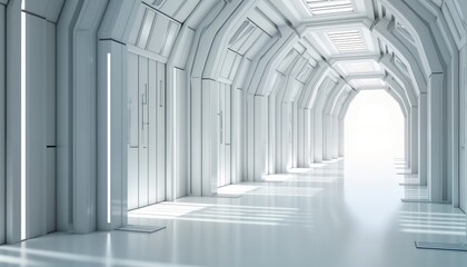 Poster - Futuristic corridor. High-tech architecture with white walls, arched ceiling. Clean lines, geometric shapes. Empty hallway suggests modern business, tech science space. Light streams through arched