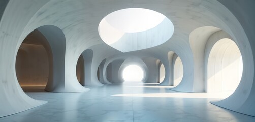Poster - Futuristic concrete architecture structure with flowing curves. Light floods empty interior. Modern design. Abstract building. Innovative, stylish design. Elegant composition. Dynamic space. Creative