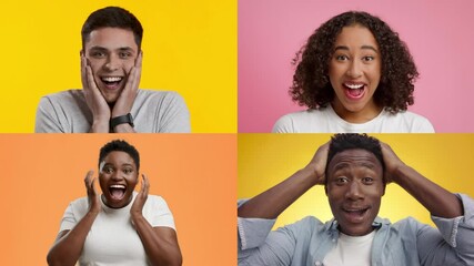 Poster - Four people showcase a range of emotions including joy and surprise. Each individual is framed within a colorful background, emphasizing their dynamic expressions and diversity.