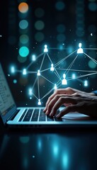 Poster - Person using laptop with glowing social network connections. Hands type on laptop keyboard. Digital communication concept. Modern tech. Global networking. Business collaboration. Web connections.